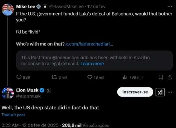 Elon Musk diz que governo Biden financiou eleição de Lula contra Bolsonaro